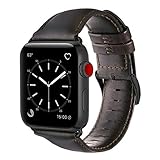 For Apple Watch Band 42mm, OUHENG Retro Vintage Genuine Leather iWatch Strap Replacement for Apple Watch Series 3 Series 2 Series 1 Sport and Edition, Dark Brown with Black Adapter - Longer Size, M/L