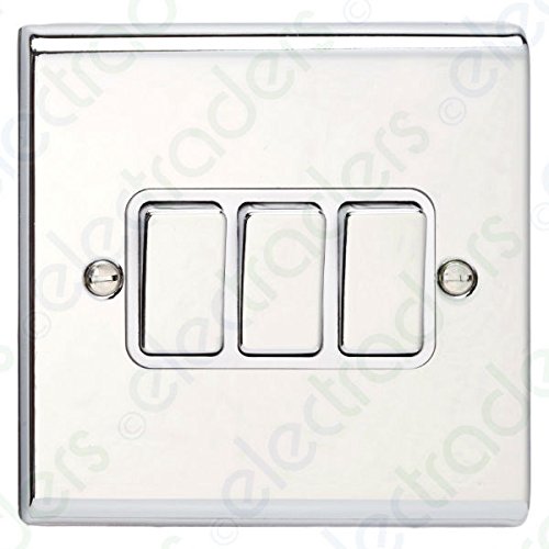 Deta SD1205CHW Light Switch 10 Amp Triple 3 Gang 2 Way (Polished Chrome/White Insert)