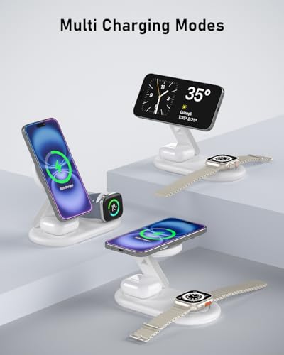 3 in 1 Wireless Charging Station for Apple,Foldable Fast Magnetic Travel Wireless Charger Dock for MagSafe Charger Stand for iPhone 17/16/15/14/13,for Apple Watch,for AirPods