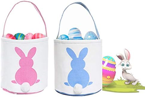 2 Pack Easter Bunny Basket Bags for Kids Cotton Bunny Canvas Tote Easter Eggs Hunt Basket Bag, Fluffy Tails Printed Rabbit Canvas Toys Bucket Tote Decorations Eggs Candy Gift Carry Bucket