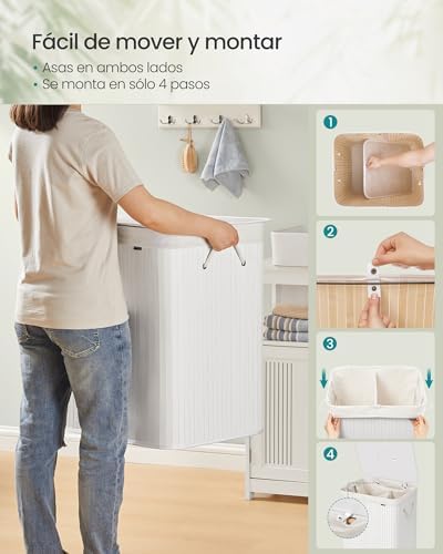 Cesto de la Ropa Sucia con Tapa, 2 compartimentos, 120 L, Cesta de Lavandería de Bambú, Plegable, con Bolsa Lavable Extraíble, Asas, para Lavandería, Dormitorio, Blanco LCB014W01