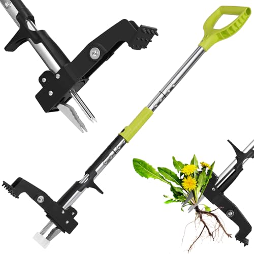YISSVIC 4 Claw Manual Weed Remover Stainless Steel with Pedal, Telescopic Root Extractor, 108 cm, Non-Slip Adjustable D-Shaped Handle for Garden