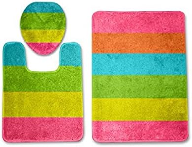 3 PIECES BATHROOM SET BATH MAT COUNTOUR RUG LID COVER PLAIN SOLID COLORS (RAINBOW)