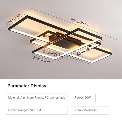 Luz de techo LED moderna geadi, luz de techo incorporada ajustable en negro de 35“, 3 lámparas de techo cuadrado, adecuada para comedor de dormitorio de Sala de techo bajo (50w, 3000k-6500k)