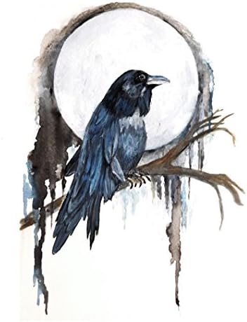 Raven Blue Moon Watercolor,8 x10 Print of Original Raven Watercolor, Crow Watercolor, Black Bird