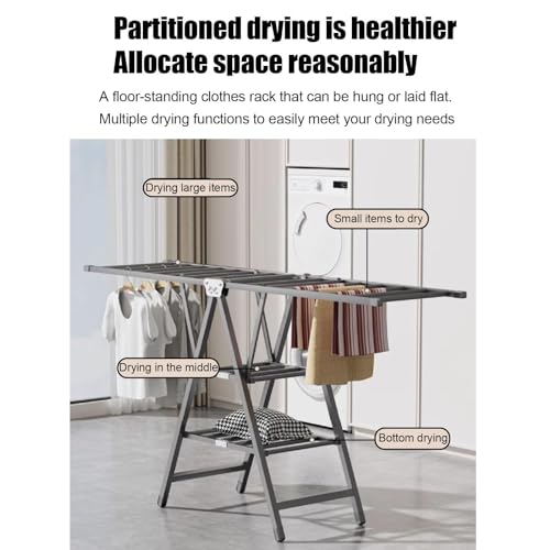 Zucng Large Folding Clothes Dryer Clothes Drying Rack, Metal Laundry Drying Rack Free-Standing Drying Rack Clothing for Indoor Outdoor Windproof 3 Tier, Grey