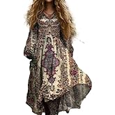 Women’s Boho Vintage Maxi Dress – Beige Tribal Floral Print Long Sleeve Loose Fit Dress for Casual Holiday Style
