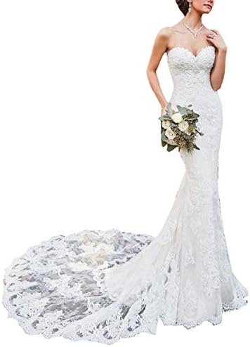 LanBen Pretty Sweetheart Empire Lace Applique Chapel Train Plus Size Mermaid Wedding Dress for Bride 2019