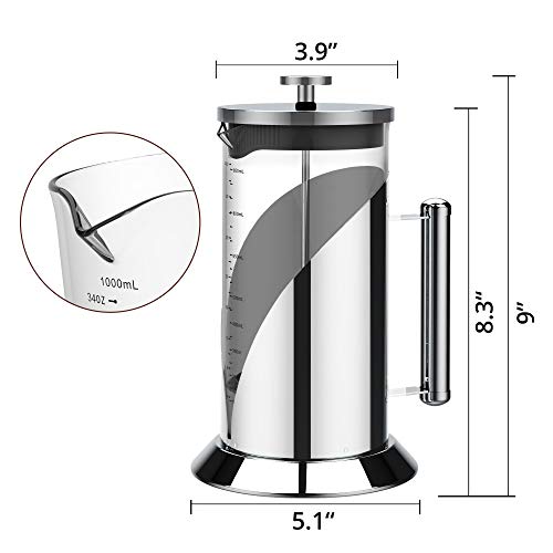 French Press Coffee Maker, Heat Resistant Borosilicate Glass Carafe with Scale, 304 Stainless Steel Bracket Coffee Press with 4-Level Filtration Structure, Dishwasher Safe, Rust-Fre, 34 Oz