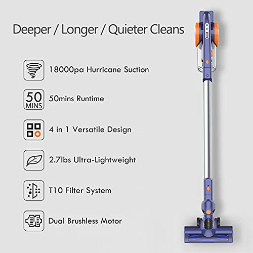ORFELD Cordless Vacuum, 18000pa Stick Vacuum 4 in 1, Up to 50 Minutes Autonomy, Dual Digital
