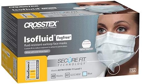 Isofluid Fogfree SecureFit Earloop Face Mask Fluid Resistant Blue Disposable Latex Free 40/Box