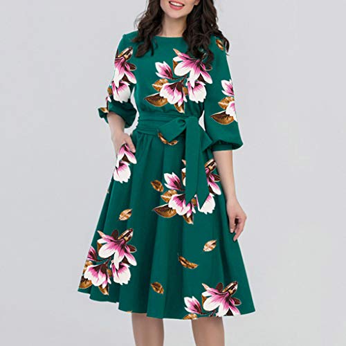 Women's Elegant Scoop Neck Half Sleeve Floral Flare Knee-Length Casual Swing T-Shirt Tunic Dress with Pockets (Green, XXXL)