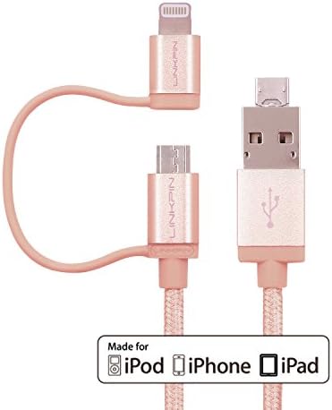 [Apple Mfi Certified] LINKPIN 2-in-2 Android 3ft/1.2M Lightning 8pin &amp; Micro USB to USB &amp; Micro USB SYNC braided Cable Charger Cord for Apple iPhone 6,6s &amp; Android phone (Rose Golden)