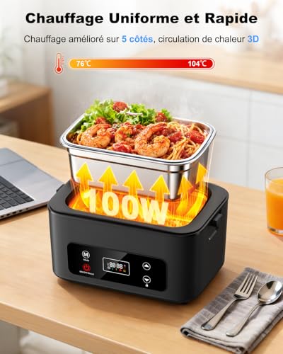 Moexili Heated Bowl, 100 W Electric Heated Lunch Box, 1.2 L | 2400 mAh Battery Heating Bowl, 5 Modes Wireless Portable Heated Lunch Box Stainless Steel for Office, Car, Camping