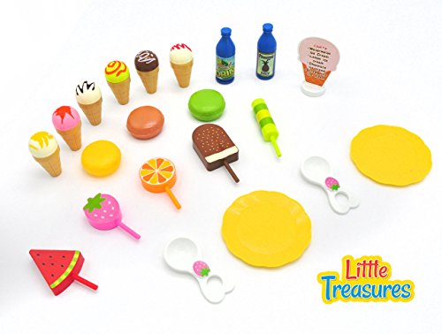 Sweet treats pretend play set from Little Treasures – Complete with desserts, ice cream, cones, popsicles, cookies, sauces, plates, spoons, sign, and stand – play set for children 3+