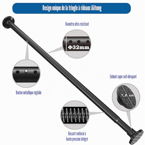 3 Metre Telescopic Rod, Extra Long No Drilling Extendable Curtain Rod for Bathroom Bedroom Curtains Clothes Black 190-360cm 32mm Diameter