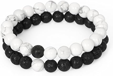 LOLOJ Couple Bracelet White Howlite Black Lava Stone His and Hers Matching Distance Bracelets
