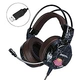 XIBERIA E1 USB Gaming Headset with Microphone,Over Ear Wired stereo Computer Headphones, Volume Control Enhanced Bass Noise Canceling Flexible Headband with LED for PC PS4 Laptop and Mac(Brown）