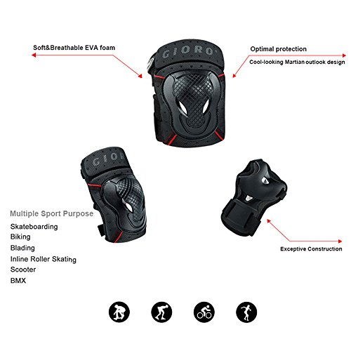 GIORO Youth/adult Knee Pads and Elbow Pads Set with Wrist Guard Safety Protective Gear Set for Multi Sports Protection Skateboarding,Ice Skating,BMX bike,Inline Roller Skating，longboarding(black, M) - Thumbnail 3