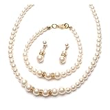 USABride Simulated Pearl & Gold-Tone Rhinestone Rondelle Jewelry Set, Necklace Bracelet & Earrings 549-G