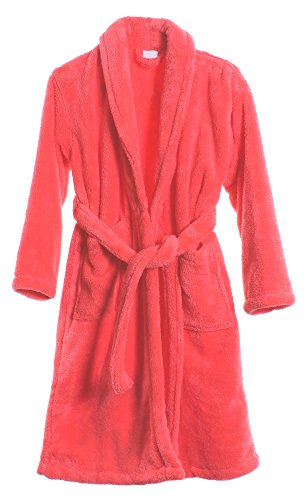 Indulge Premium Linen Kids Plush Shawl Robe Soft Fleece Bathrobe Made in Turkey (Medium, Coral)