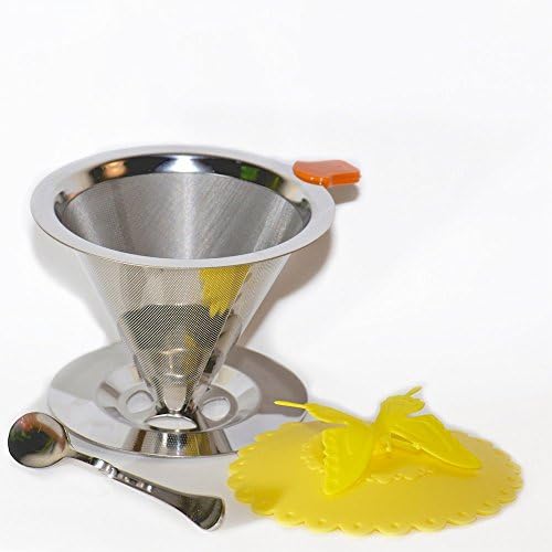 Stainless Steel Pour Over Coffee Dripper by Koffie, Permanent, Reusable Paperless Coffee Filter with Coffee Spoon & Lid Gift Set