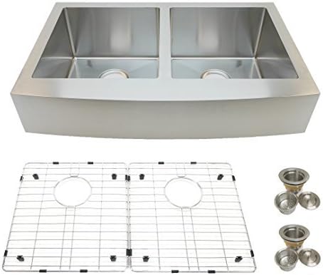 Auric Sinks 36" Retro-fit Farmhouse Curved Front Double 50/50 Bowl Sink, 6" Short Apron Premium 16-Gauge Stainless Steel, 6:SCAR-16-36-retro 5050 -LB