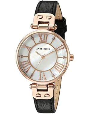 Women's Quartz Metal and Leather Dress Watch, Color:Black (Model: AK/2718RGBK)