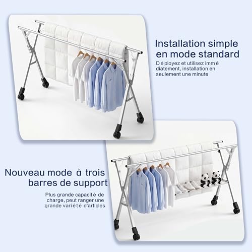 Kiseely Séchoir à Linge Pliable 240 cm intérieur extérieur, séchoir à vêtements en Acier Inoxydable résistant, Porte-vêtements avec 20 Crochets Coupe-Vent et 12 Pinces (240cm)