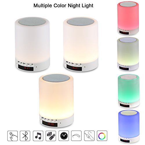 Night light bluetooth speaker, Tranesca Portable Wireless Bluetooth Speaker with 7 color LED light, warm night light and alarm clock