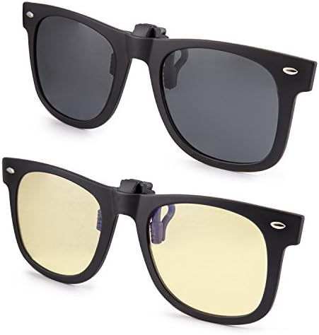 ClipShades 2 Pack Lightweight Clip-on Sunglasses and Anti Blue Ray Computer Glasses Combo with Flip Top Clip On Function for Prescription Eyeglasses Wearers