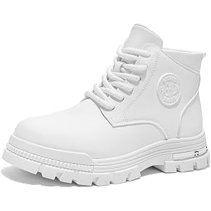 Men's White Ankle Boots, Faux Leather Upper PVC Chunky Lug Sole, Lace-Up Platform Boot for Casual Outdoor Sport
