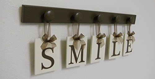 Dentist Gift, Dentistry Wall Decor Wood Sign, Wooden Hanging Ribbon Sign - SMILE - Set Includes Wooden Hooks - Family Name Sign or Word Painted - Chocolate Brown