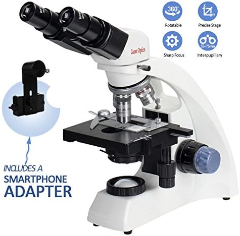 Moutec Research Grade Binocular Compound Microscope for Students Adults w/Smartphone Adapter, 40X-1000X Optical Microscope, LED Illuminator, Coaxial Coarse/Fine Focusing, Dual Stage, Solid Frame