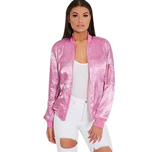 Tenworld Women Zipper Satin Bomber Jacket Vintage Outerwear Coat (S)