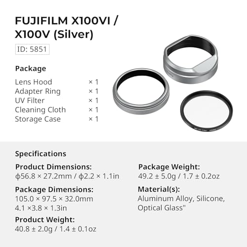 SMALLRIG Filtro UV con kit de parasol para FUJIFILM X100VI / X100V, filtro UV con 99 % de transmisión de luz, antirreflejos y anti-efecto fantasma, parasol de aleación de aluminio, color plata - 5851