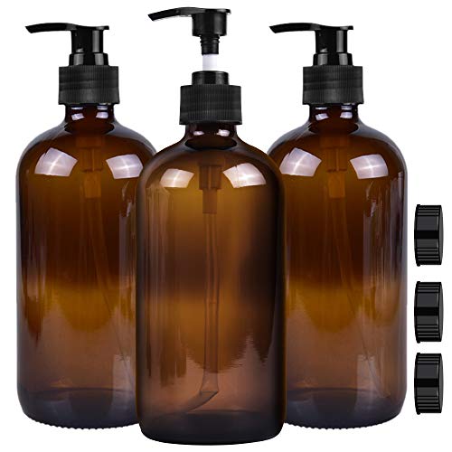 3 Pack Empty Amber Glass Pump Bottles 16oz Pump Bottles Refillable