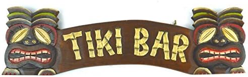 Zhaoshoping Hand Carved Tiki Bar Sign With Two Masks 3D Polynesian Hawaiian Art Door Decorative Wood Signs with Quotes Home Plaque
