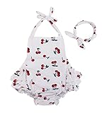 Three Babies Baby Girl Cherry Pattern Bathing Suits Outfits Rompers with Headband 0-4 Years