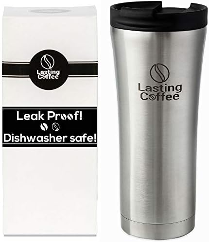 Lasting Coffee Leak Proof Dishwasher Safe Double Wall Vacuum Insulated Stainless Steel Travel Mug, 16 oz (Silver)