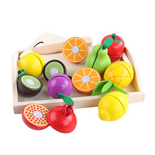 GEMEM Cutting Fruit Set Wooden Food Toys, Pretend Play Kitchen Set
