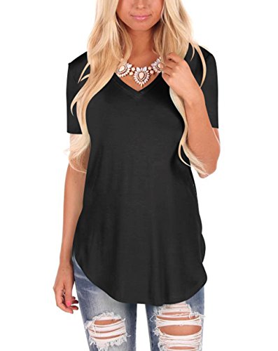 MooliDa Women Solid Comfy Short Sleeve V Neck Lightweight Top Tee (0-Black, Large)