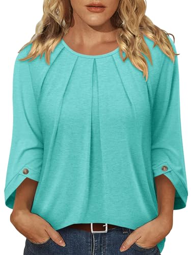 Three Quarter Length Sleeve Tops for Women Dressy Casual Crew Neck Button Blouses 2026 Fall Fashion Basic T Shirts at Amazon