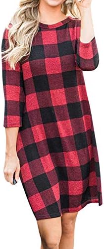 Franterd Women Casual Dress Ladies Autumn Winter Casual Plaid 3/4 Sleeve Simple Loose Mini Dress - Merry Christmas