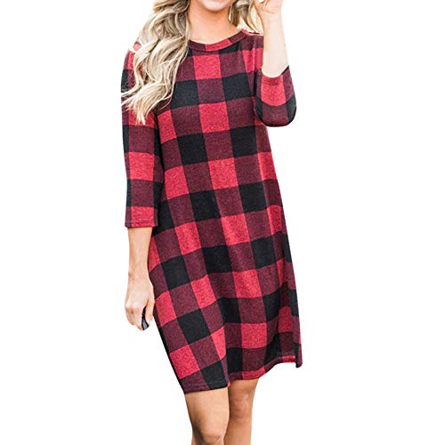 Franterd Women Casual Dress Ladies Autumn Winter Casual Plaid 3/4 Sleeve Simple Loose Mini Dress - Merry Christmas