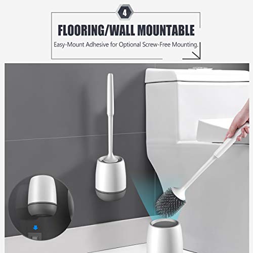 Sysmie Toilet Brush and Holder with a Replacement Head, Silicone Bristles Bathroom Toilet Bowl Brush and Caddy Kit with Bonus Cleaning Gloves - (White, Flooring/Wall Mountable) - Thumbnail 4