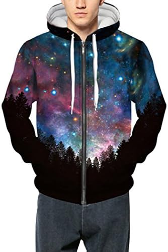 Pretty321 Men Women Hipster Galaxy Star Collection Zipper Fleece Hoodie Sweatshirt (US(Men:M Plus = Women:14/L) ignore our tag, Universe Stars Forest)