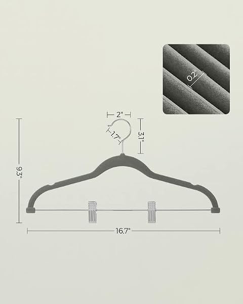 SONGMICS 30 PACK PANTS HANGERS, 16.7 INCHES LONG VELVET TROUSERS HANGERS WITH ADJUSTABLE CLIPS, HEAVY-DUTY, NON-SLIP, SPACE-SAVING FOR PANTS, SKIRTS, COATS, DRESSES, TANK TOPS, GRAY UCRF12V30