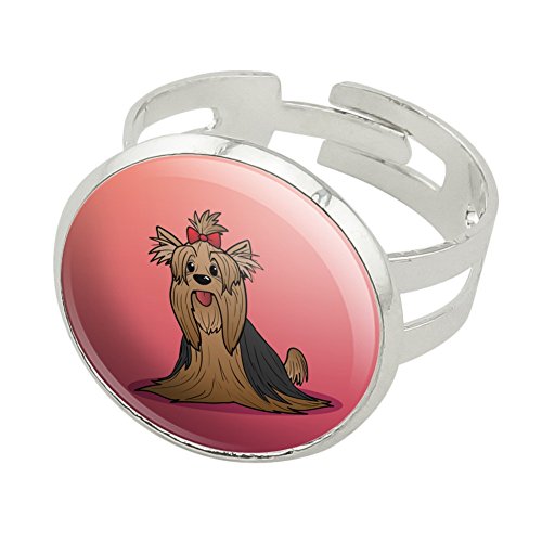 Yorkshire Terrier With Bow Silver Plated Adjustable Novelty Ring