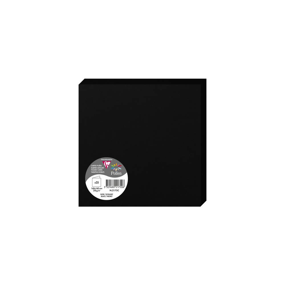 Clairefontaine 2175C Pack of 25 Double Cards Square Format 16x16cm 210g/m² Black Events and Correspondence Invitation Cards Pollen Range Smooth Premium Paper